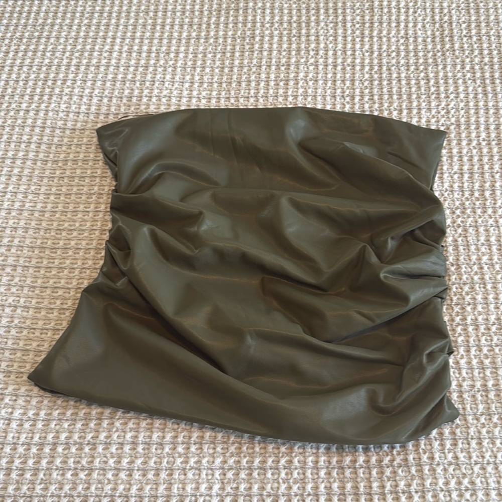 Ruched faux leather strapless top